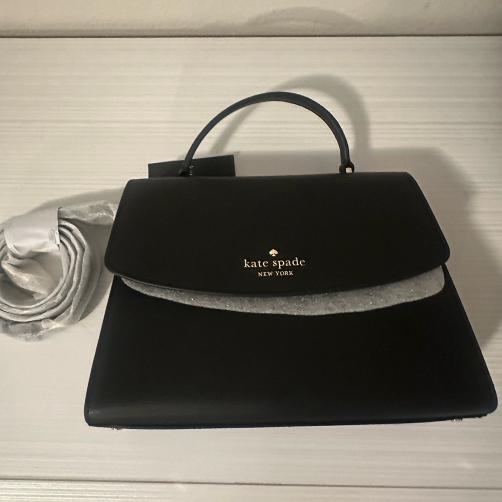 kate spade black leather top-handle satchel with gold logo